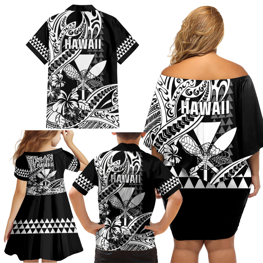 Hawaii Maui Upena Kiloi Family Matching Off Shoulder Short Dress and Hawaiian Shirt Kakau Tribal Pattern Black Version
