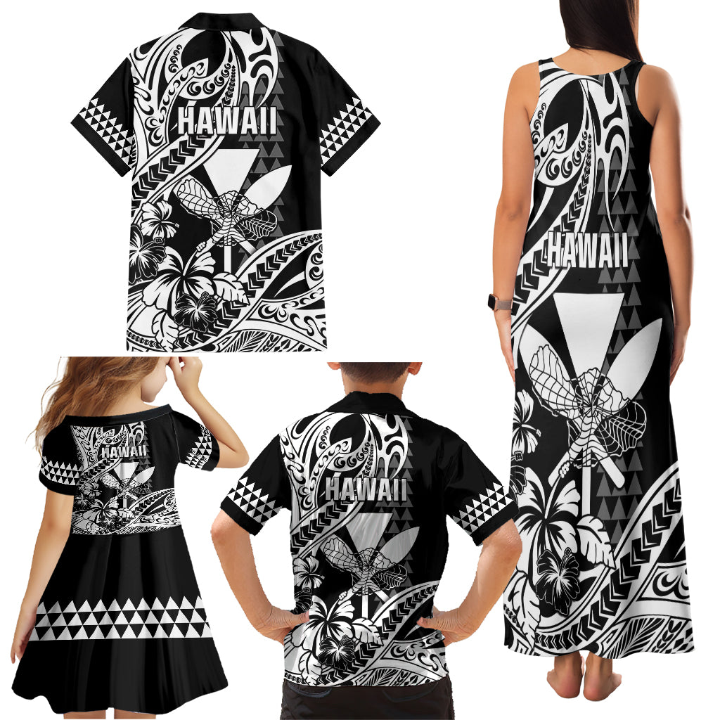 Hawaii Maui Upena Kiloi Family Matching Tank Maxi Dress and Hawaiian Shirt Kakau Tribal Pattern Black Version