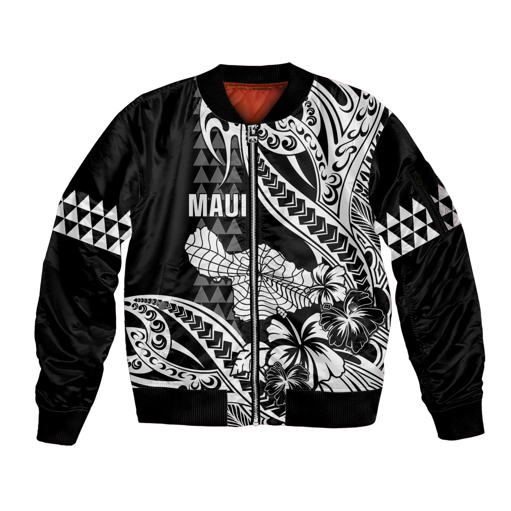 Hawaii Maui Upena Kiloi Sleeve Zip Bomber Jacket Kakau Tribal Pattern Black Version