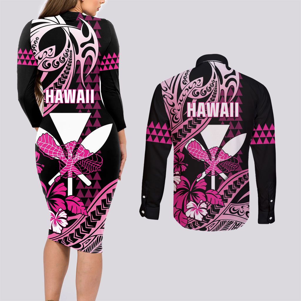 Hawaii Maui Upena Kiloi Couples Matching Long Sleeve Bodycon Dress and Long Sleeve Button Shirt Kakau Tribal Pattern Pink Version