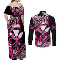 Hawaii Maui Upena Kiloi Couples Matching Off Shoulder Maxi Dress and Long Sleeve Button Shirt Kakau Tribal Pattern Pink Version