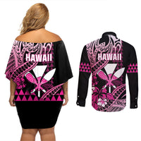 Hawaii Maui Upena Kiloi Couples Matching Off Shoulder Short Dress and Long Sleeve Button Shirt Kakau Tribal Pattern Pink Version