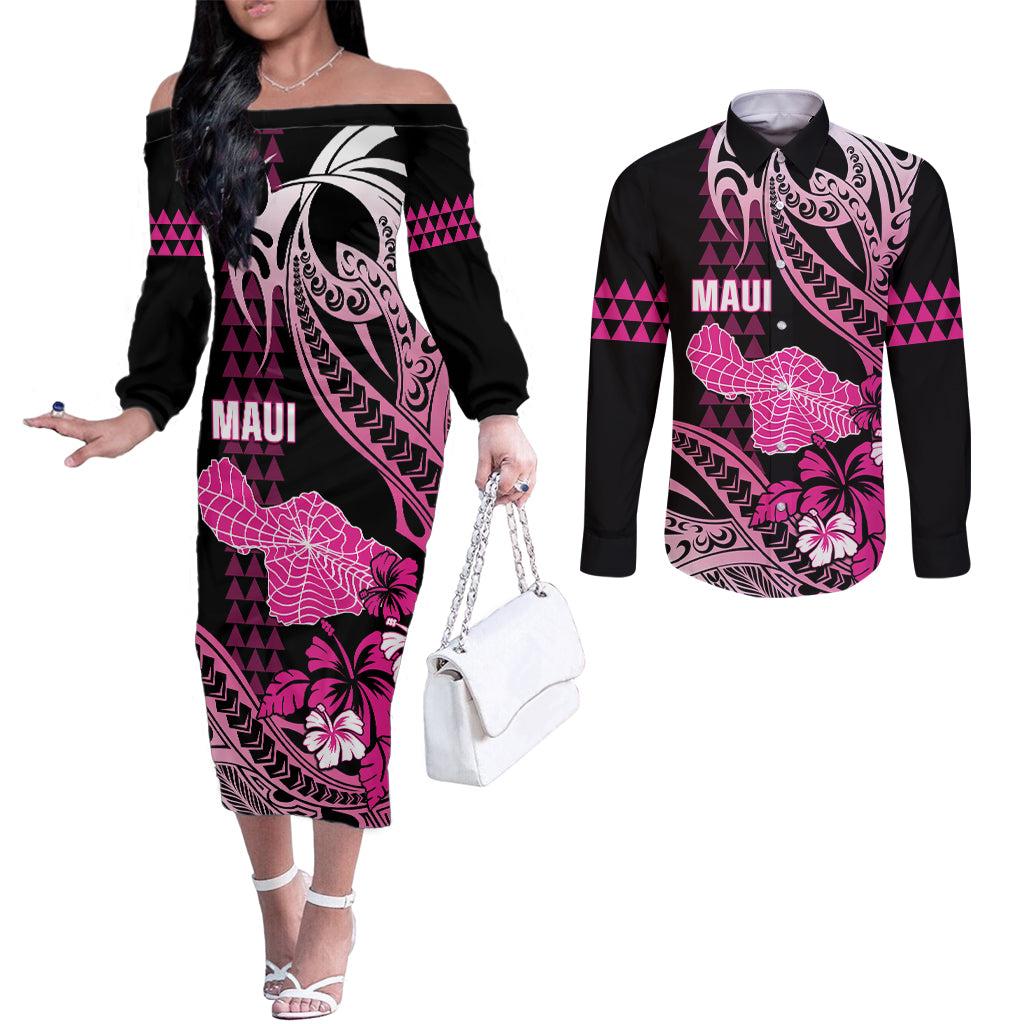 Hawaii Maui Upena Kiloi Couples Matching Off The Shoulder Long Sleeve Dress and Long Sleeve Button Shirt Kakau Tribal Pattern Pink Version