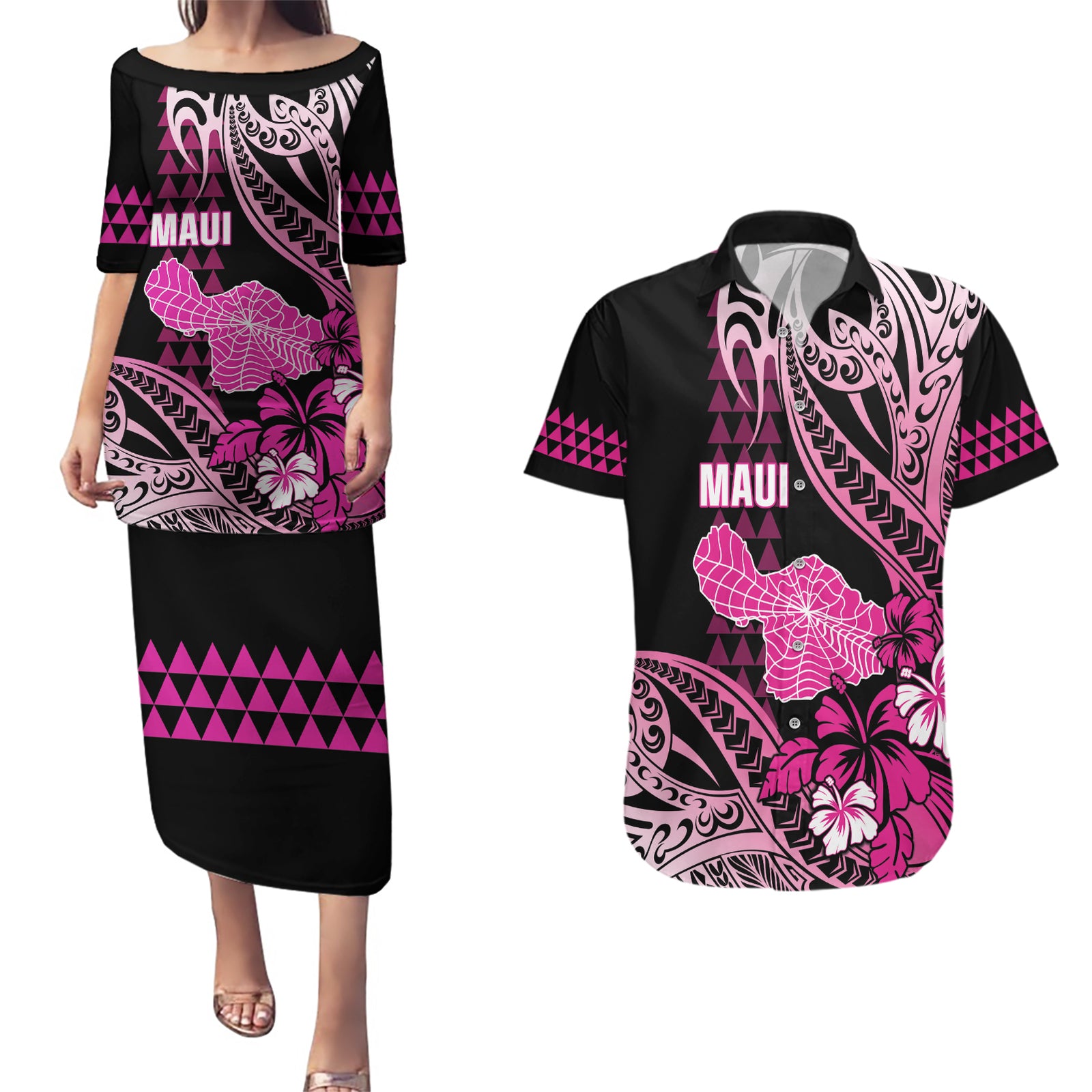 Hawaii Maui Upena Kiloi Couples Matching Puletasi and Hawaiian Shirt Kakau Tribal Pattern Pink Version