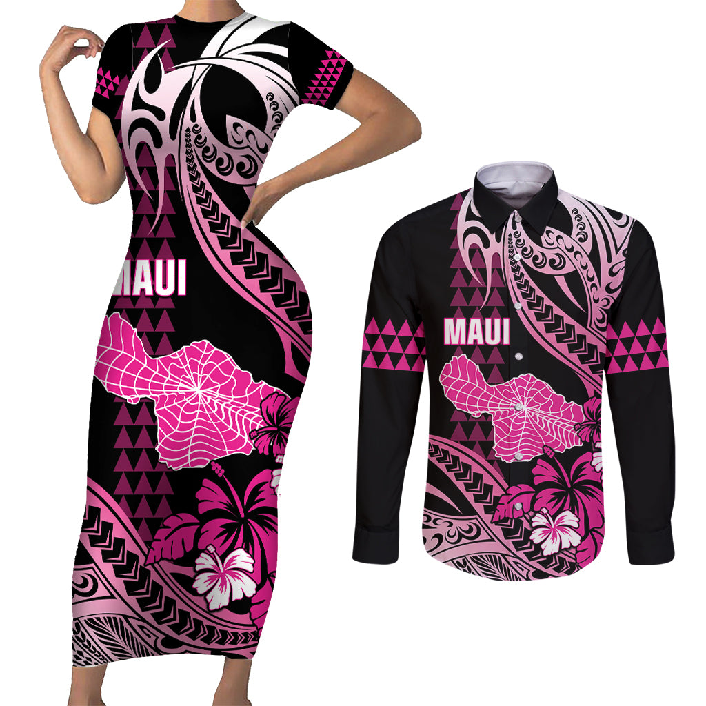Hawaii Maui Upena Kiloi Couples Matching Short Sleeve Bodycon Dress and Long Sleeve Button Shirt Kakau Tribal Pattern Pink Version