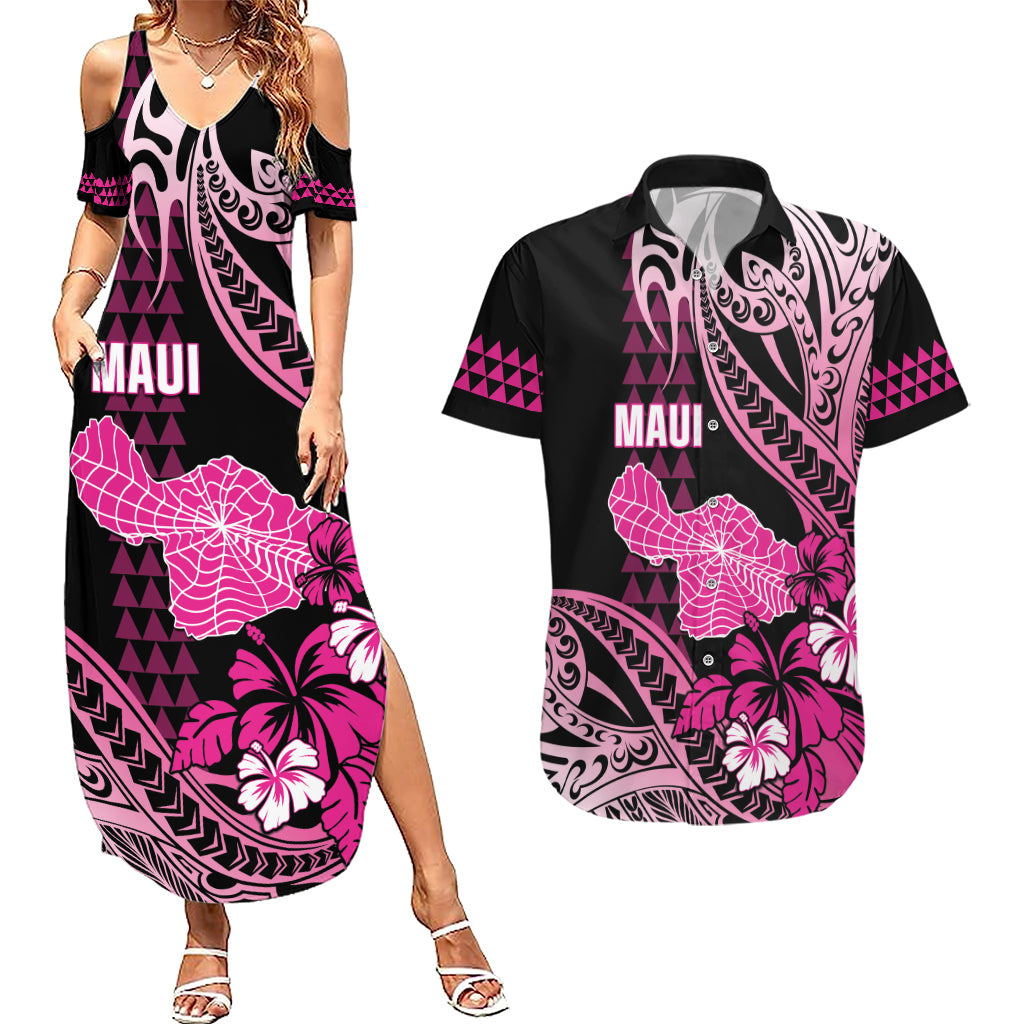 Hawaii Maui Upena Kiloi Couples Matching Summer Maxi Dress and Hawaiian Shirt Kakau Tribal Pattern Pink Version
