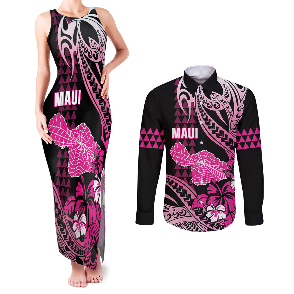 Hawaii Maui Upena Kiloi Couples Matching Tank Maxi Dress and Long Sleeve Button Shirt Kakau Tribal Pattern Pink Version