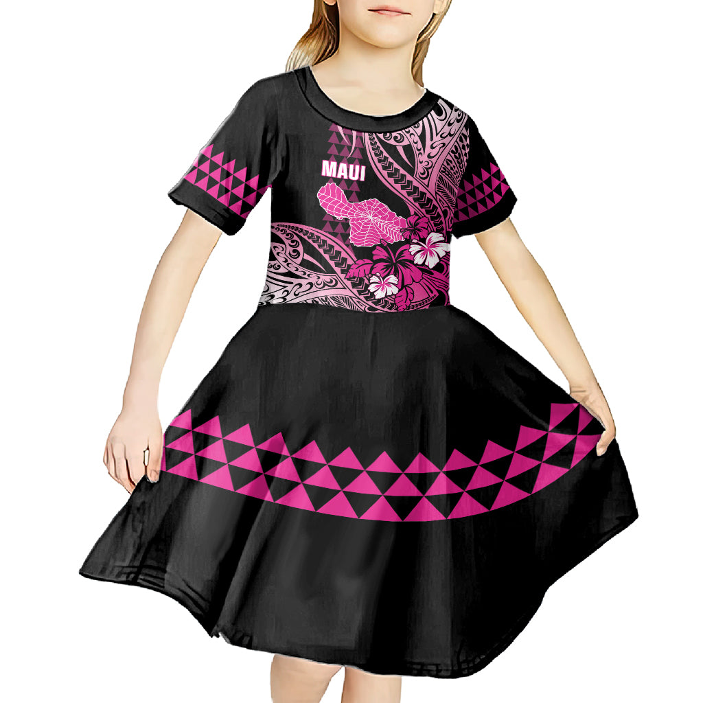 Hawaii Maui Upena Kiloi Kid Short Sleeve Dress Kakau Tribal Pattern Pink Version