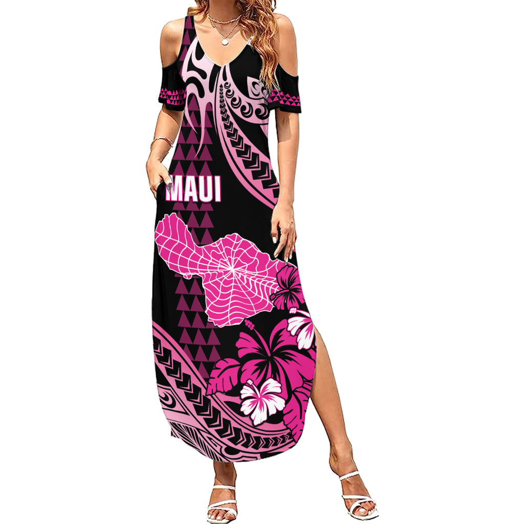 Hawaii Maui Upena Kiloi Summer Maxi Dress Kakau Tribal Pattern Pink Version