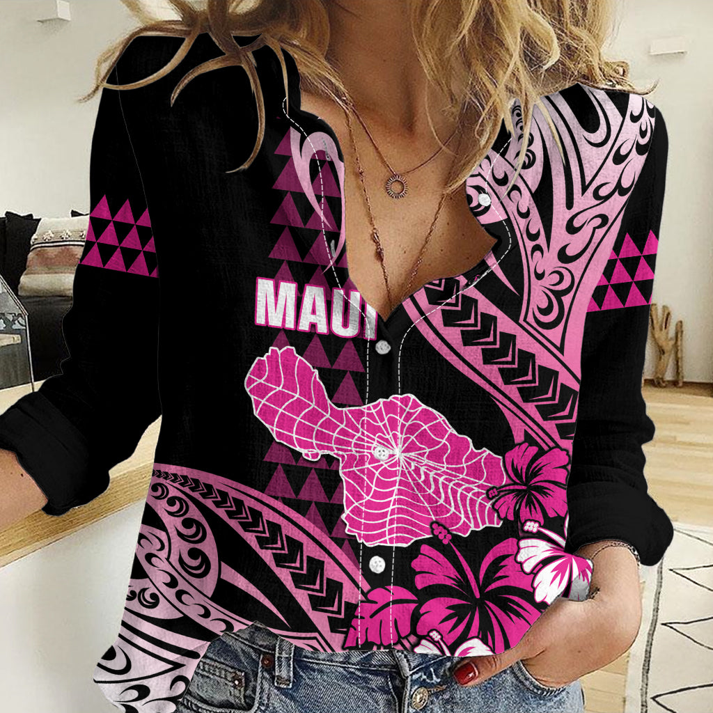 Hawaii Maui Upena Kiloi Women Casual Shirt Kakau Tribal Pattern Pink Version