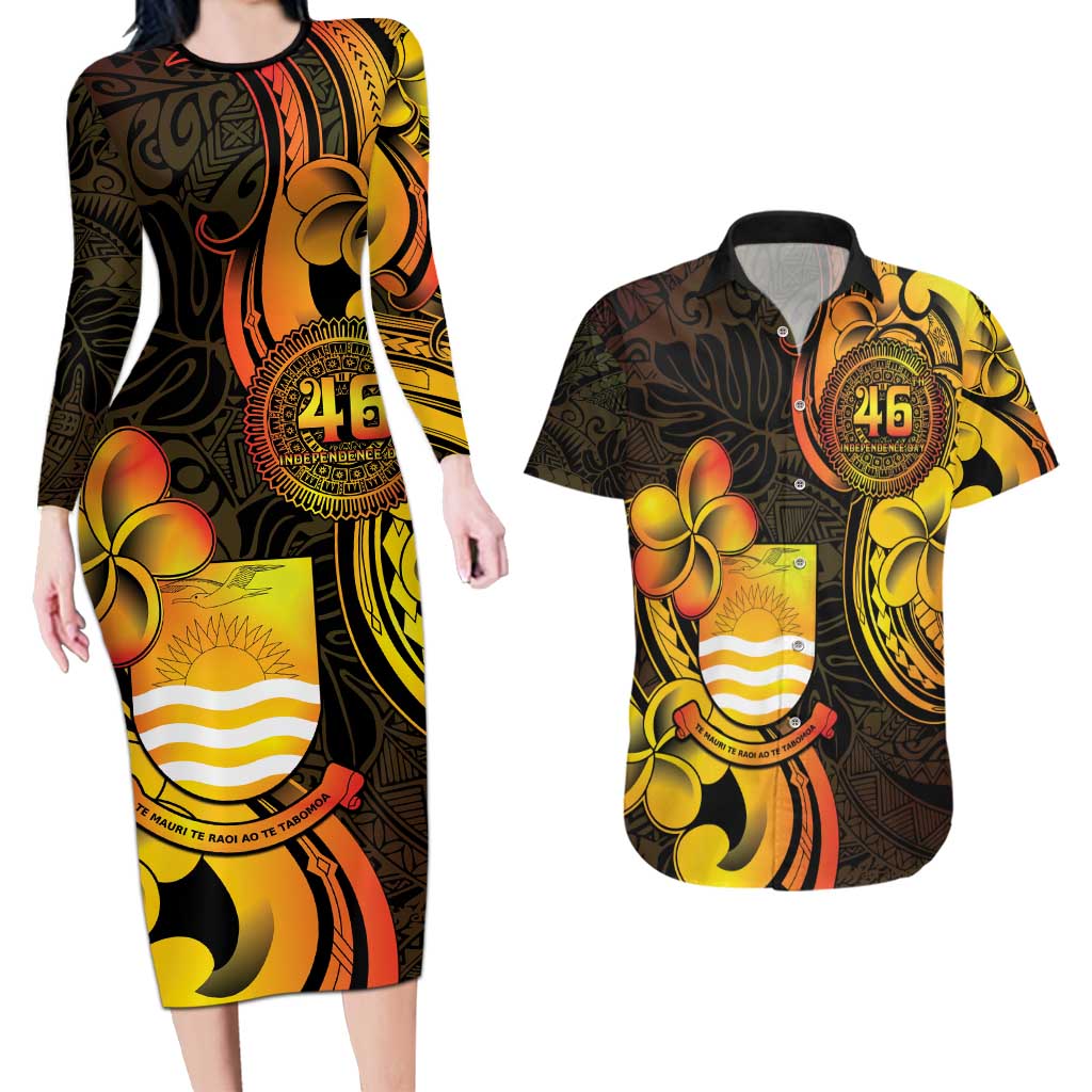 Personalised Kiribati Independence Day Couples Matching Long Sleeve Bodycon Dress and Hawaiian Shirt 46th Anniversary