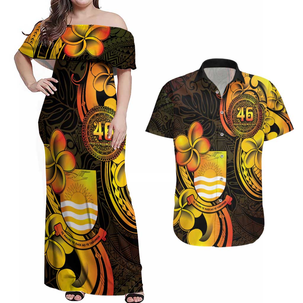 Personalised Kiribati Independence Day Couples Matching Off Shoulder Maxi Dress and Hawaiian Shirt 46th Anniversary