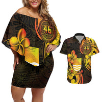 Personalised Kiribati Independence Day Couples Matching Off Shoulder Short Dress and Hawaiian Shirt 46th Anniversary