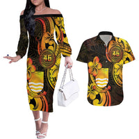 Personalised Kiribati Independence Day Couples Matching Off The Shoulder Long Sleeve Dress and Hawaiian Shirt 46th Anniversary