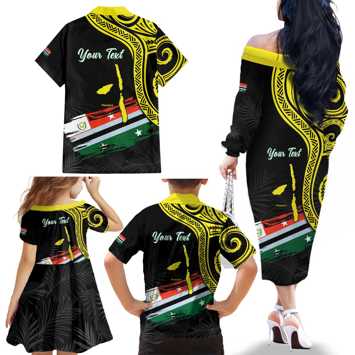 Personalised Vanuatu Penama Day Family Matching Off The Shoulder Long Sleeve Dress and Hawaiian Shirt Grunge Flag Style - Polynesian Pride