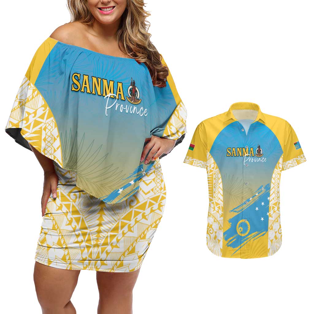 Personalised Vanuatu Sanma Day Couples Matching Off Shoulder Short Dress and Hawaiian Shirt Special Style LT05 Yellow - Polynesian Pride
