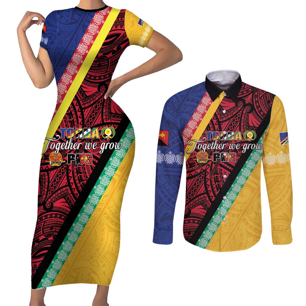 Love Torba PNG Day Couples Matching Short Sleeve Bodycon Dress and Long Sleeve Button Shirt Together We Grow - Polynesian Pride