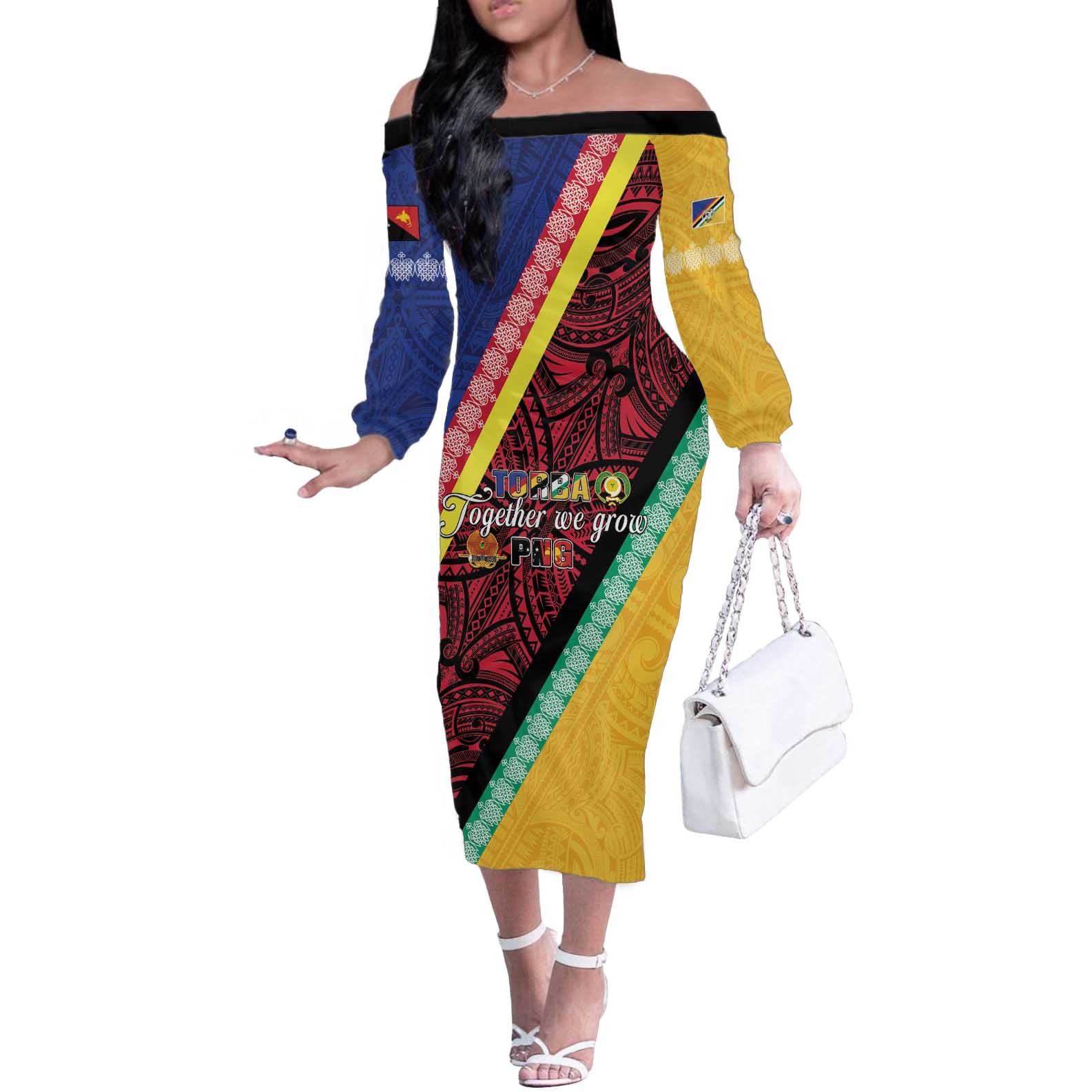 Love Torba PNG Day Off The Shoulder Long Sleeve Dress Together We Grow - Polynesian Pride