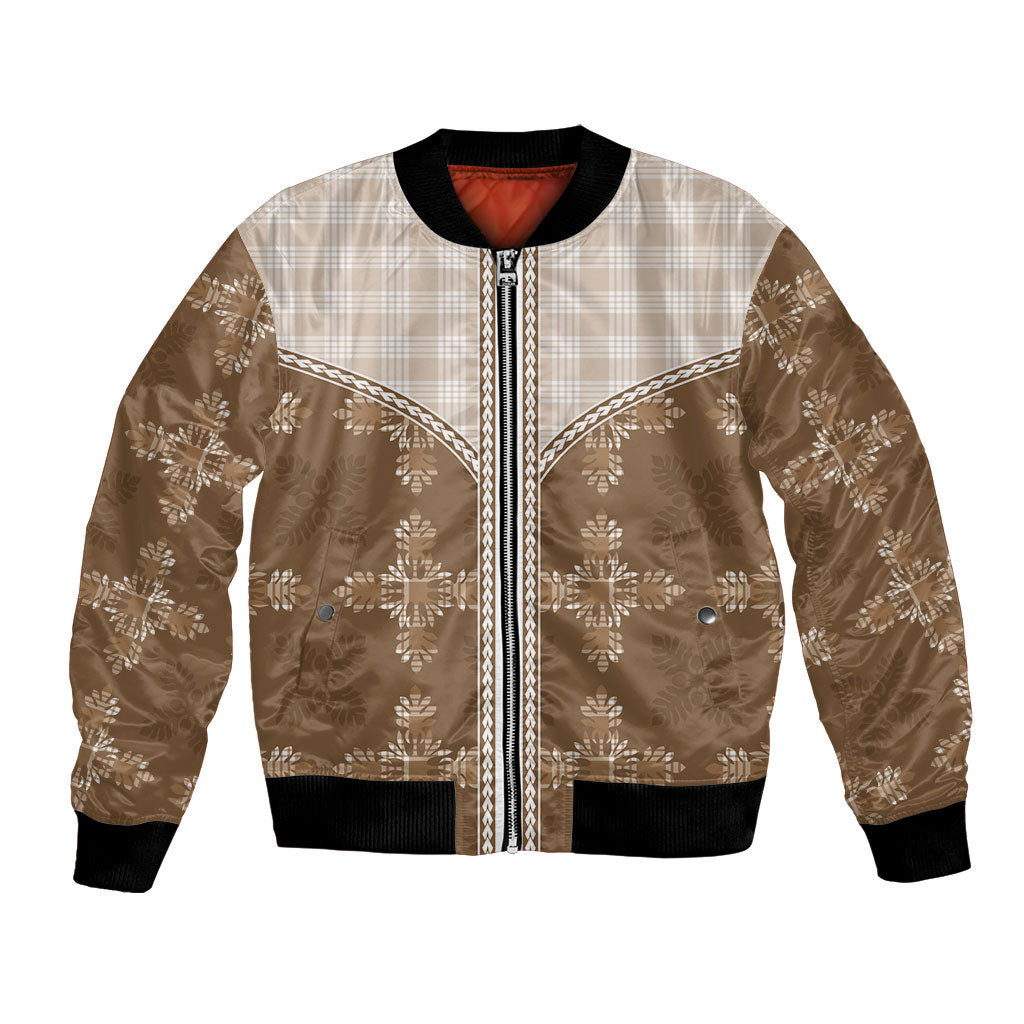 Beige Hawaii Paniolo Quilt Motif Bomber Jacket LT05 Unisex Beige - Polynesian Pride