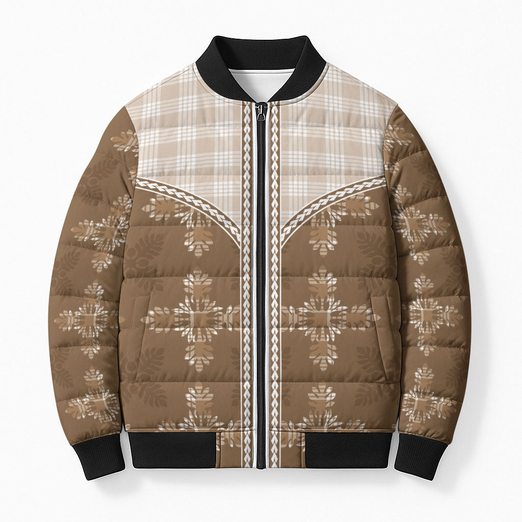 Beige Hawaii Paniolo Quilt Motif Bomber Puffer Jacket LT05 Unisex Beige - Polynesian Pride