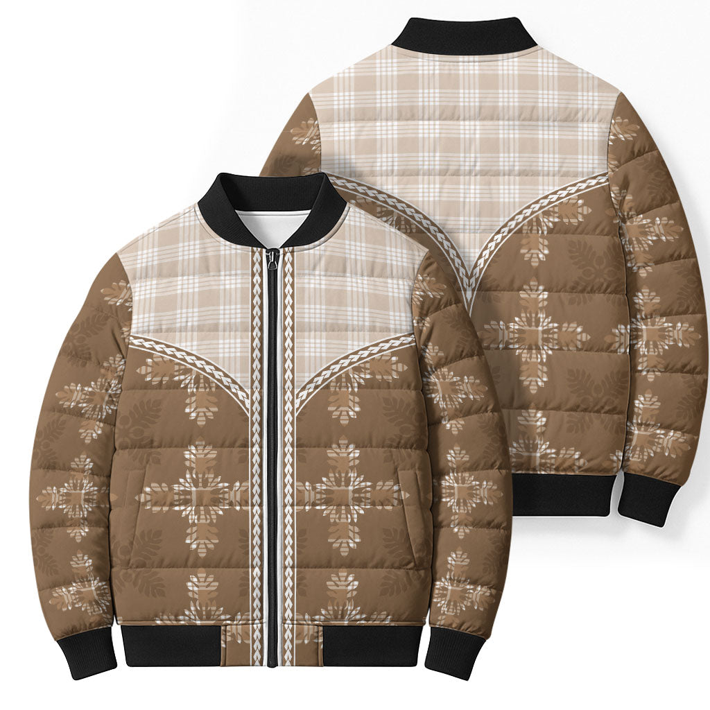 Beige Hawaii Paniolo Quilt Motif Bomber Puffer Jacket LT05 - Polynesian Pride