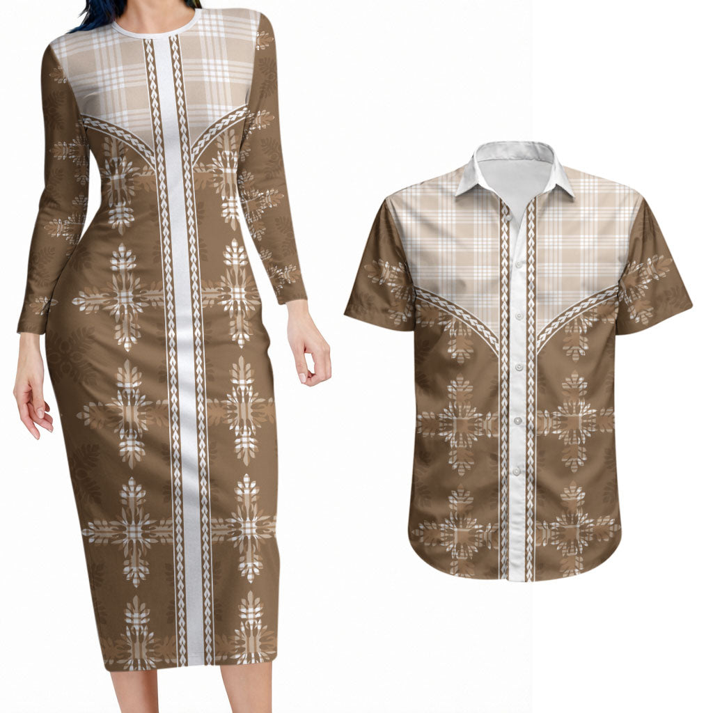 Beige Hawaii Paniolo Quilt Motif Couples Matching Long Sleeve Bodycon Dress and Hawaiian Shirt LT05 Beige - Polynesian Pride