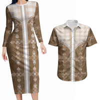 Beige Hawaii Paniolo Quilt Motif Couples Matching Long Sleeve Bodycon Dress and Hawaiian Shirt LT05 Beige - Polynesian Pride