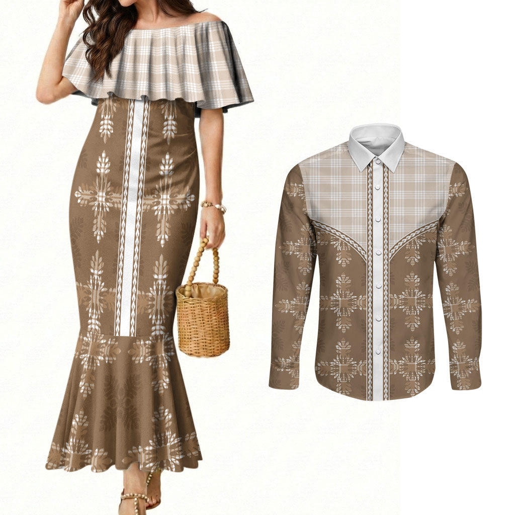 Beige Hawaii Paniolo Quilt Motif Couples Matching Mermaid Dress and Long Sleeve Button Shirt LT05 Beige - Polynesian Pride
