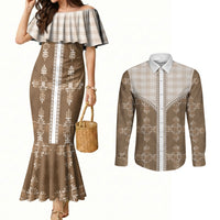 Beige Hawaii Paniolo Quilt Motif Couples Matching Mermaid Dress and Long Sleeve Button Shirt LT05 Beige - Polynesian Pride