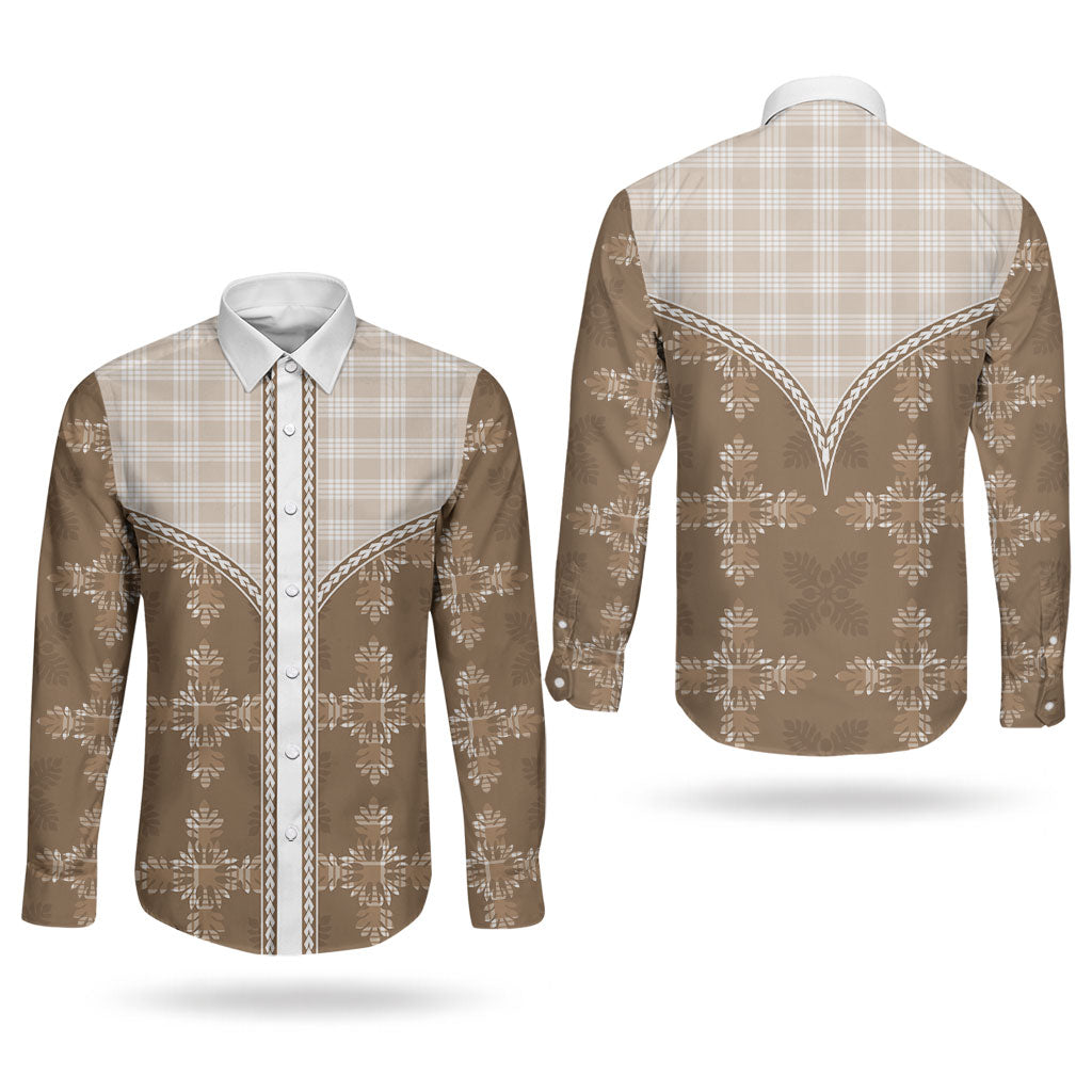 Beige Hawaii Paniolo Quilt Motif Couples Matching Mermaid Dress and Long Sleeve Button Shirt LT05 - Polynesian Pride