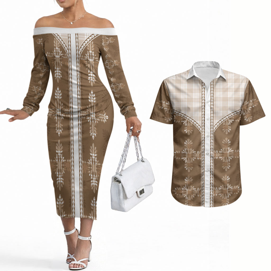 Beige Hawaii Paniolo Quilt Motif Couples Matching Off The Shoulder Long Sleeve Dress and Hawaiian Shirt LT05 Beige - Polynesian Pride