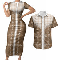 Beige Hawaii Paniolo Quilt Motif Couples Matching Short Sleeve Bodycon Dress and Hawaiian Shirt LT05 Beige - Polynesian Pride