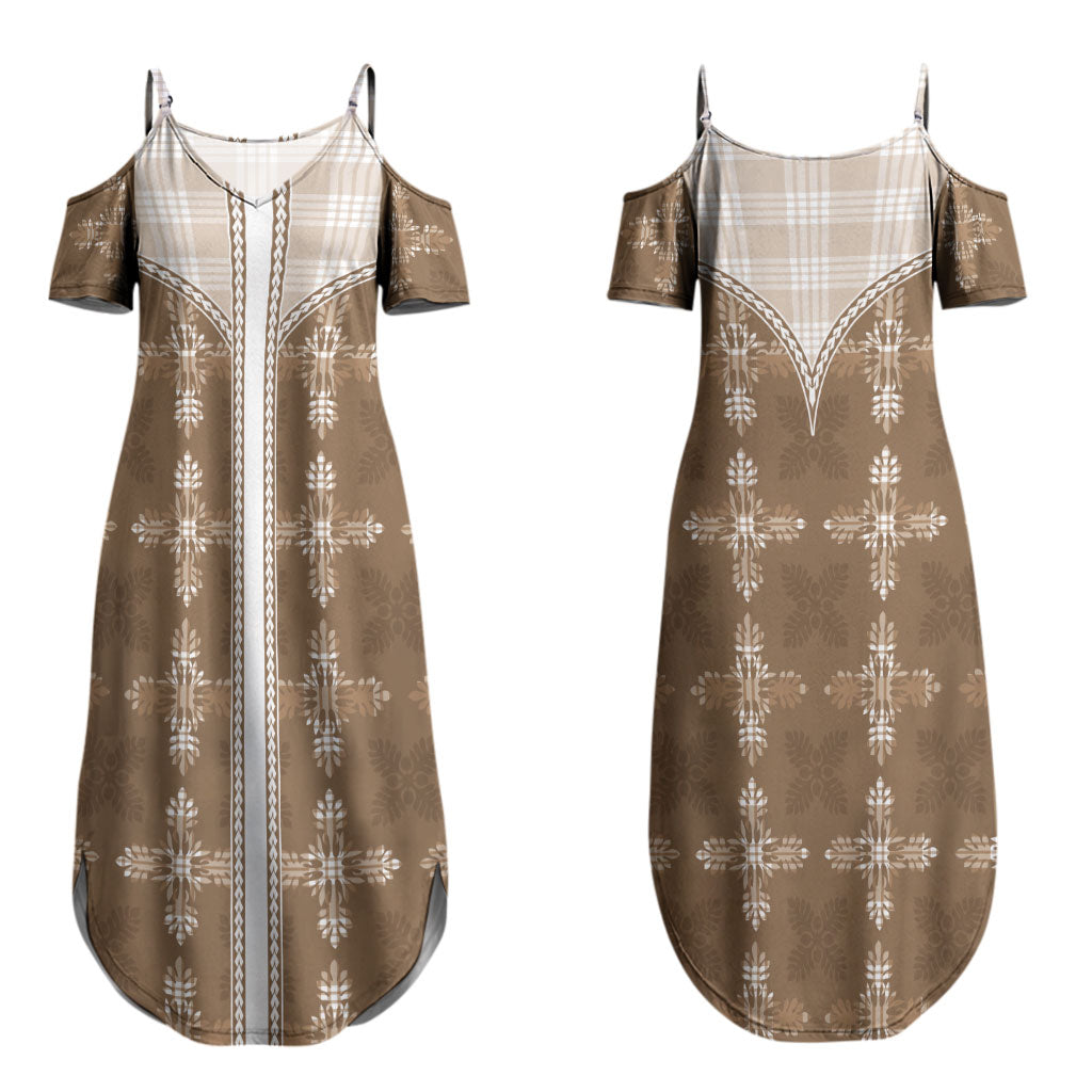 Beige Hawaii Paniolo Quilt Motif Couples Matching Summer Maxi Dress and Long Sleeve Button Shirt LT05 - Polynesian Pride