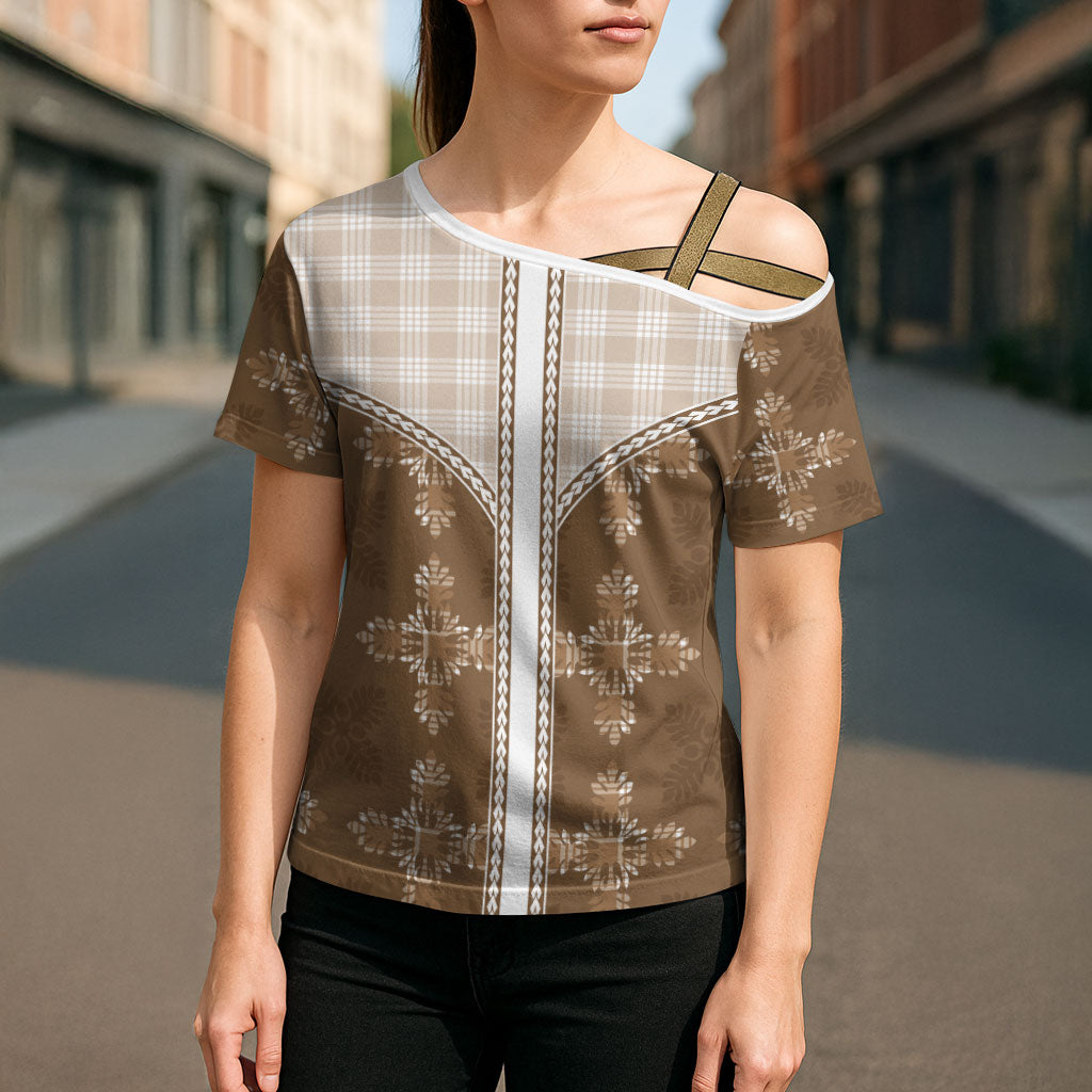 Beige Hawaii Paniolo Quilt Motif Cross Shoulder Shirt LT05 - Polynesian Pride