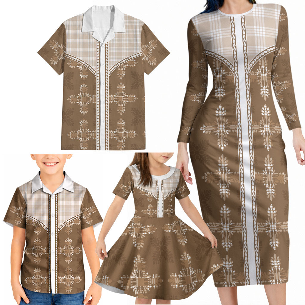 Beige Hawaii Paniolo Quilt Motif Family Matching Long Sleeve Bodycon Dress and Hawaiian Shirt LT05 - Polynesian Pride