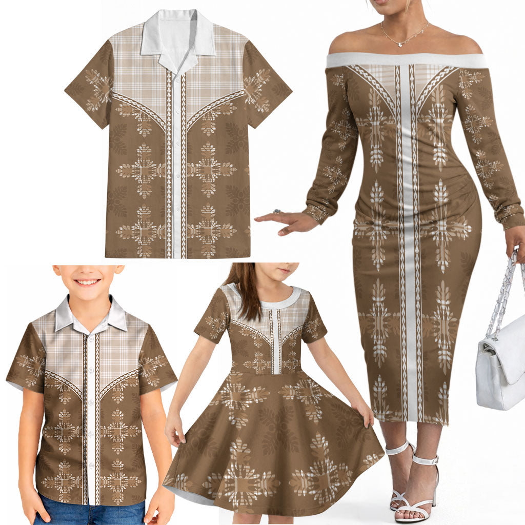 Beige Hawaii Paniolo Quilt Motif Family Matching Off The Shoulder Long Sleeve Dress and Hawaiian Shirt LT05 - Polynesian Pride