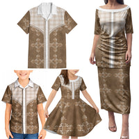 Beige Hawaii Paniolo Quilt Motif Family Matching Puletasi and Hawaiian Shirt LT05 - Polynesian Pride