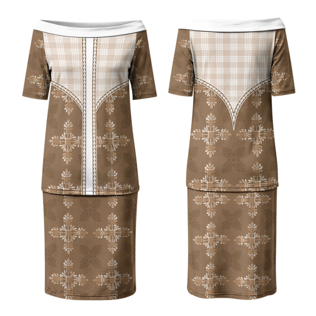 Beige Hawaii Paniolo Quilt Motif Family Matching Puletasi and Hawaiian Shirt LT05 Mom's Dress Beige - Polynesian Pride