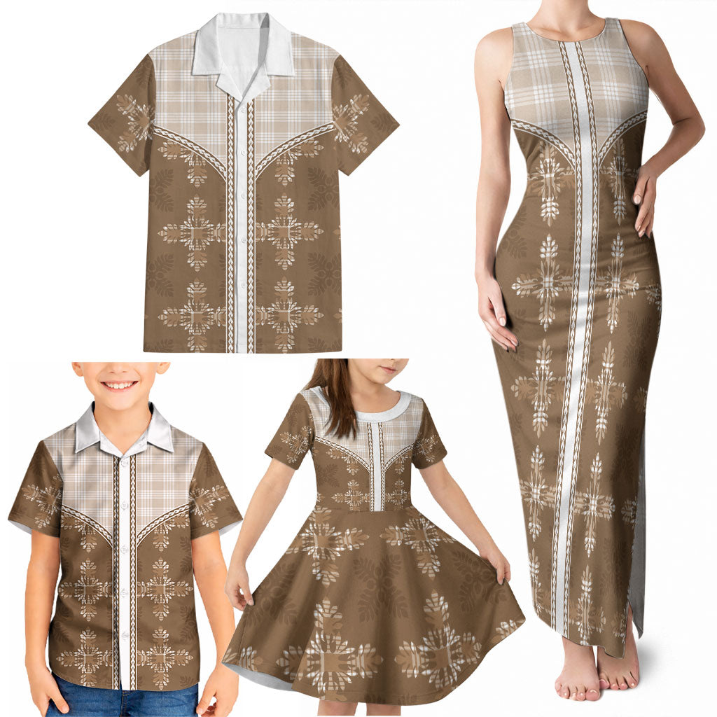 Beige Hawaii Paniolo Quilt Motif Family Matching Tank Maxi Dress and Hawaiian Shirt LT05 - Polynesian Pride