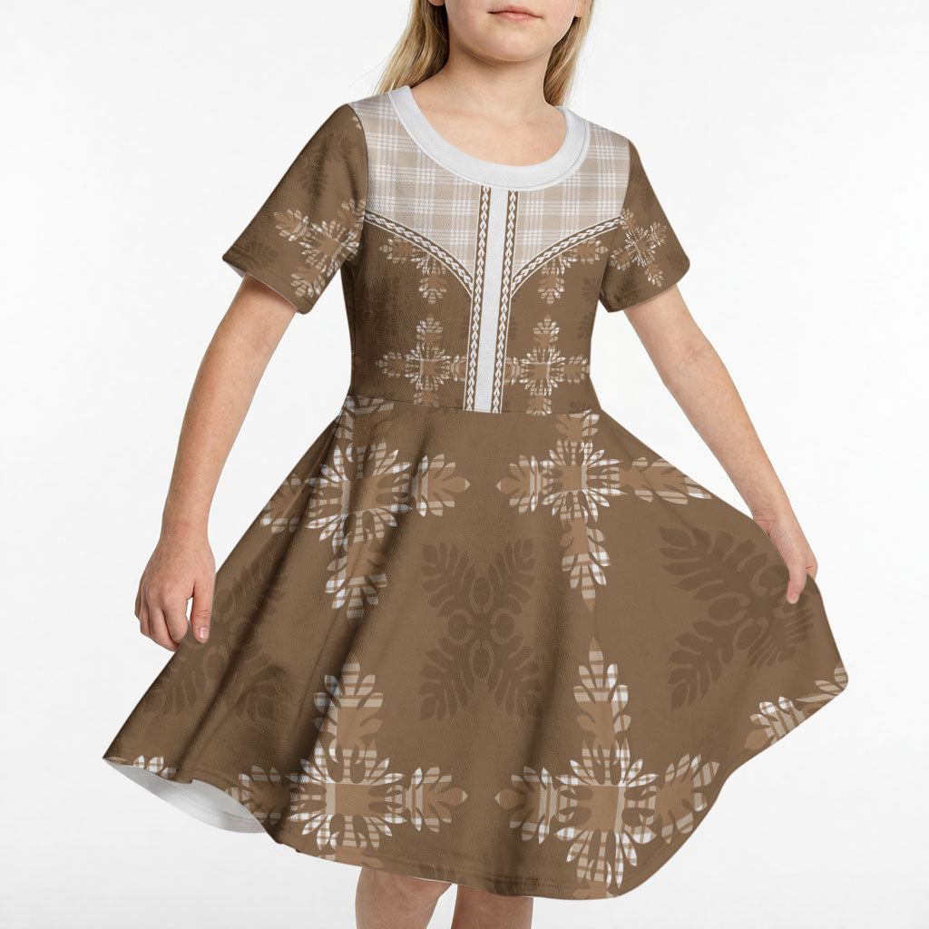 Beige Hawaii Paniolo Quilt Motif Kid Short Sleeve Dress LT05 - Polynesian Pride