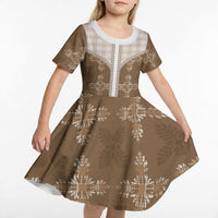 Beige Hawaii Paniolo Quilt Motif Kid Short Sleeve Dress LT05 - Polynesian Pride