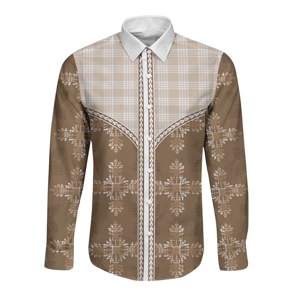 Beige Hawaii Paniolo Quilt Motif Long Sleeve Button Shirt LT05 Unisex Beige - Polynesian Pride