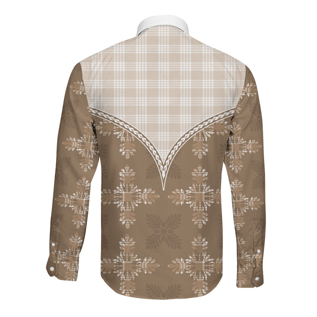 Beige Hawaii Paniolo Quilt Motif Long Sleeve Button Shirt LT05 - Polynesian Pride
