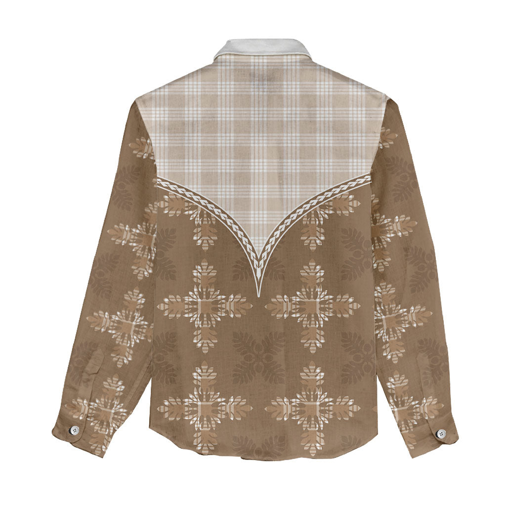 Beige Hawaii Paniolo Quilt Motif Women Casual Shirt LT05 - Polynesian Pride