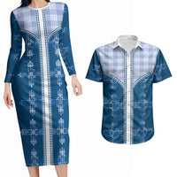 Blue Hawaii Paniolo Quilt Motif Couples Matching Long Sleeve Bodycon Dress and Hawaiian Shirt LT05 Blue - Polynesian Pride