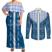 Blue Hawaii Paniolo Quilt Motif Couples Matching Off Shoulder Maxi Dress and Long Sleeve Button Shirt LT05 Blue - Polynesian Pride