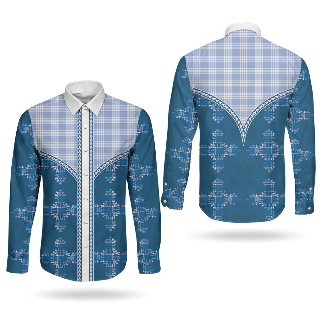 Blue Hawaii Paniolo Quilt Motif Couples Matching Off Shoulder Maxi Dress and Long Sleeve Button Shirt LT05 - Polynesian Pride