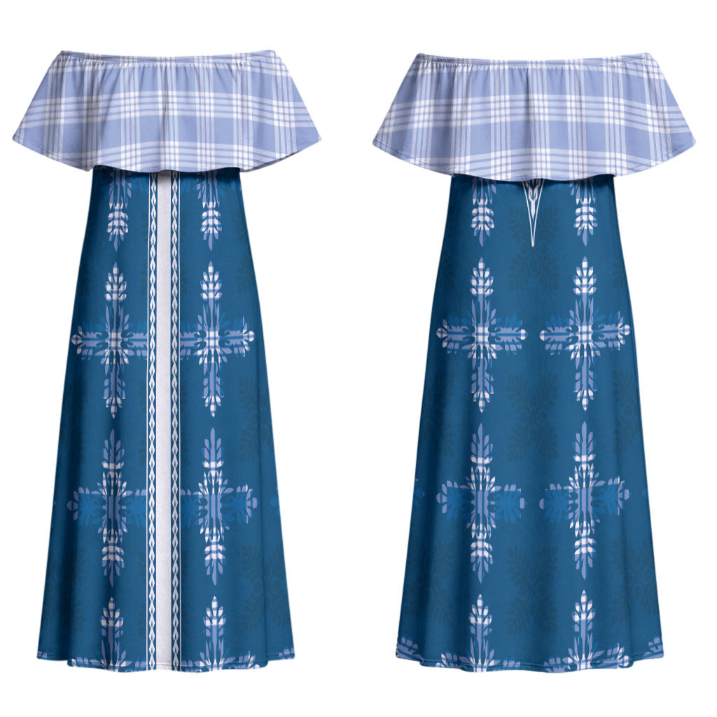 Blue Hawaii Paniolo Quilt Motif Couples Matching Off Shoulder Maxi Dress and Long Sleeve Button Shirt LT05 - Polynesian Pride