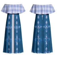 Blue Hawaii Paniolo Quilt Motif Couples Matching Off Shoulder Maxi Dress and Long Sleeve Button Shirt LT05 - Polynesian Pride