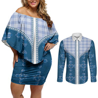 Blue Hawaii Paniolo Quilt Motif Couples Matching Off Shoulder Short Dress and Long Sleeve Button Shirt LT05 Blue - Polynesian Pride